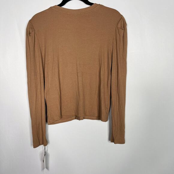 New 7 For All Mankind Womens XLarge Tan Ribbed Puff Sleeve Button Front Knit Top - Picture 2 of 10